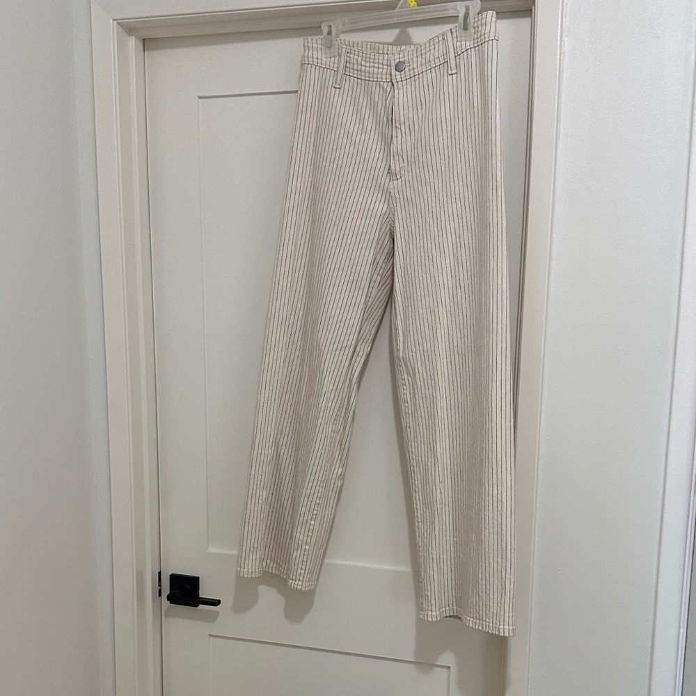 Cream Pinstripe High-Rise Wide Leg Denim